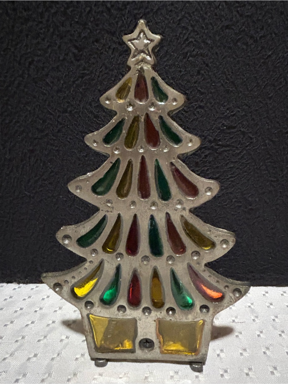 Vintage Retro Stained Cast Iron Glass Christmas Tree Votive Candle Holder